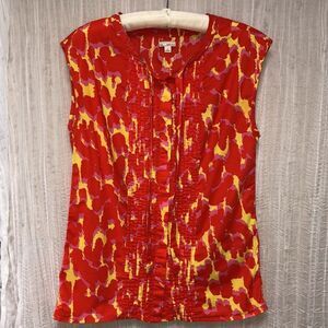 GAP M Cotton Coral Red Pink Neon Yellow Button & Tie Front Sleeveless Blouse